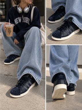 Adidas Women's Navy Superstars  Leather and velvet sneakers - Classic Low-Top